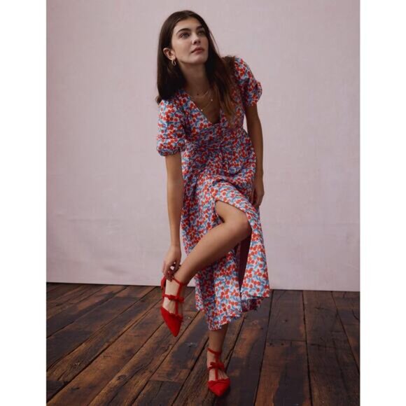 BODEN Lillian Cotton Midi Fit And Flare Dress Size 10 Cherry Print Blue Red - Picture 4 of 9